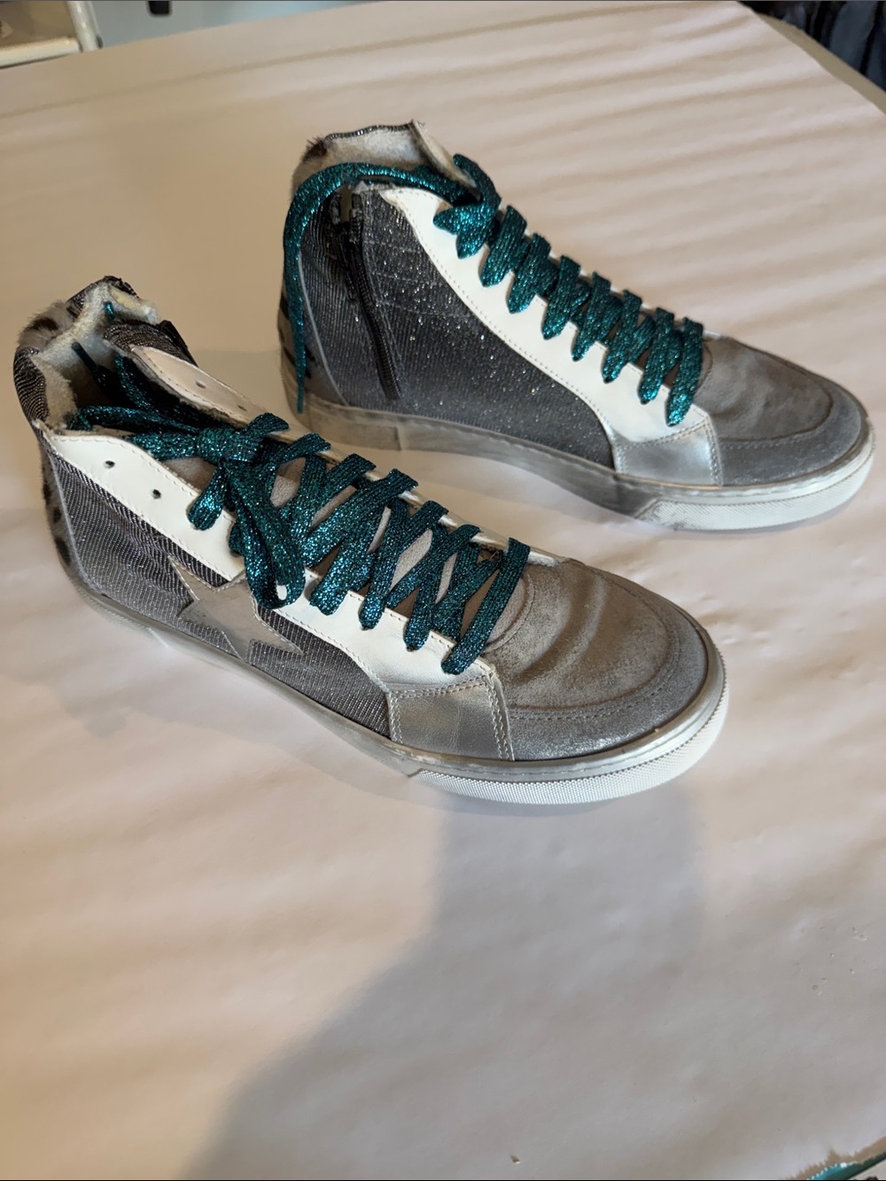 Steve Madden Metallic Gray High-Top Sneakers with Teal Glitter Laces